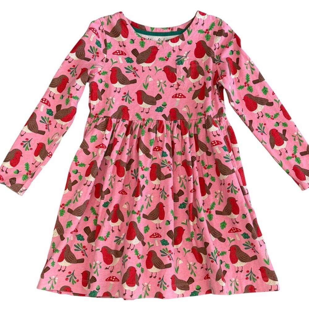 MINI BODEN Girls Long Sleeve Pink Robins Dress Size 7-8y